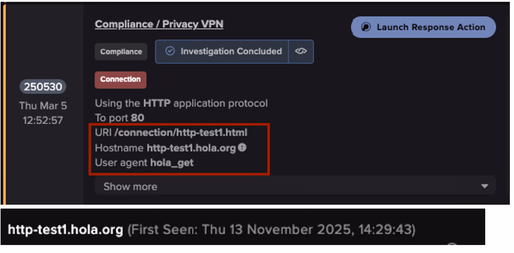 Example of Hola VPN-related connectivity observed on the network prior to the suspected campaign, indicating pre-existing usage that may have contributed to subsequent activity.