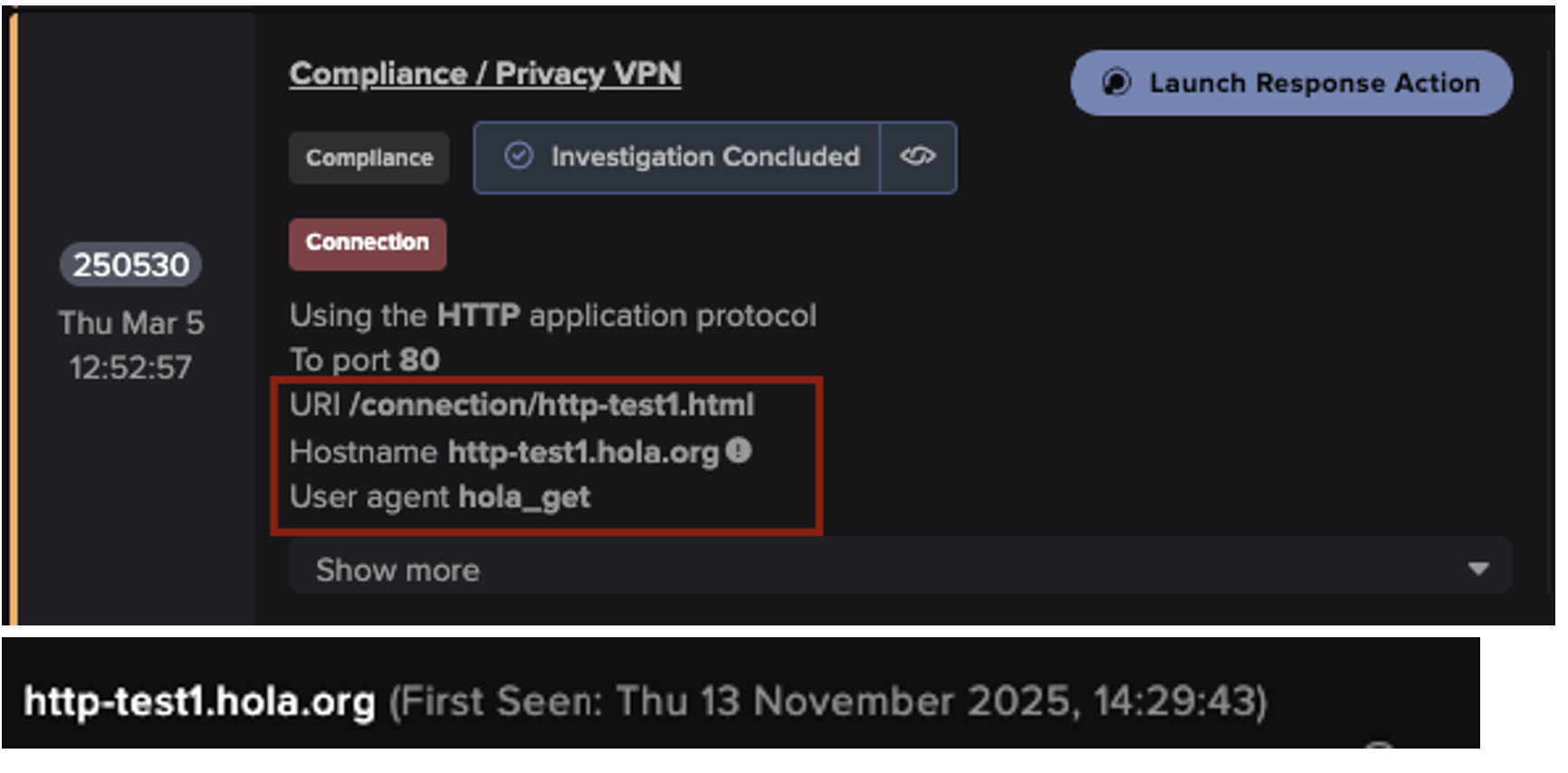  Example of Hola VPN-related connectivity observed on the network prior to the suspected campaign, indicating pre-existing usage that may have contributed to subsequent activity.