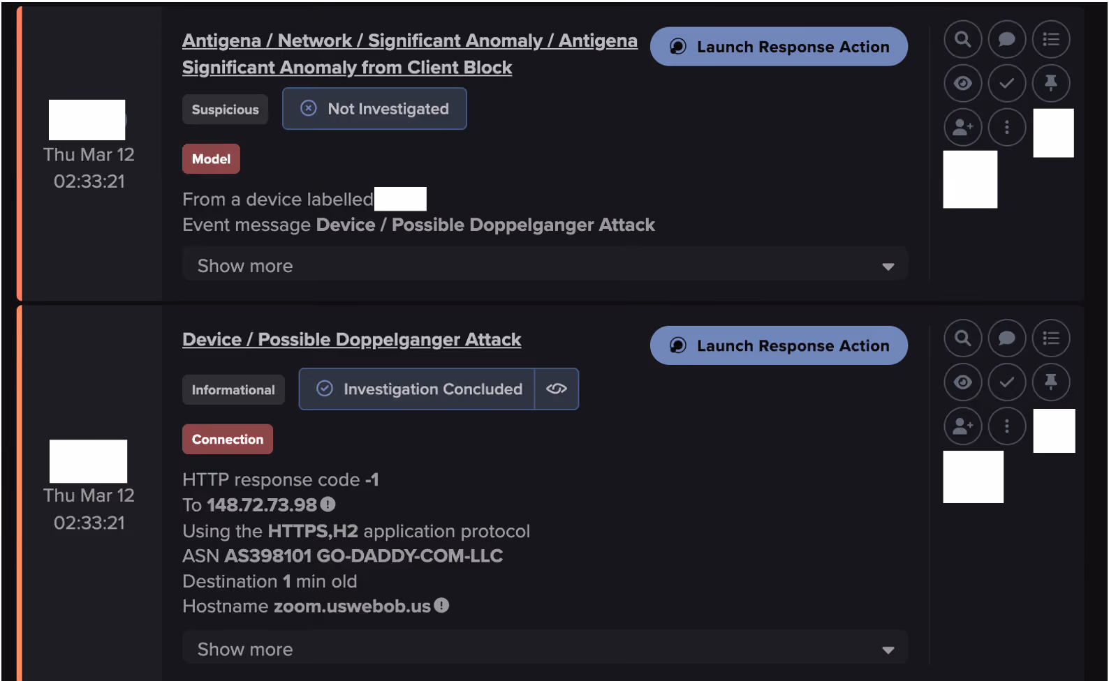  Initial connectivity observed to the rare external hostname, zoom[.]uswebob[.]us · 148.72.73[.]98, over port 443.