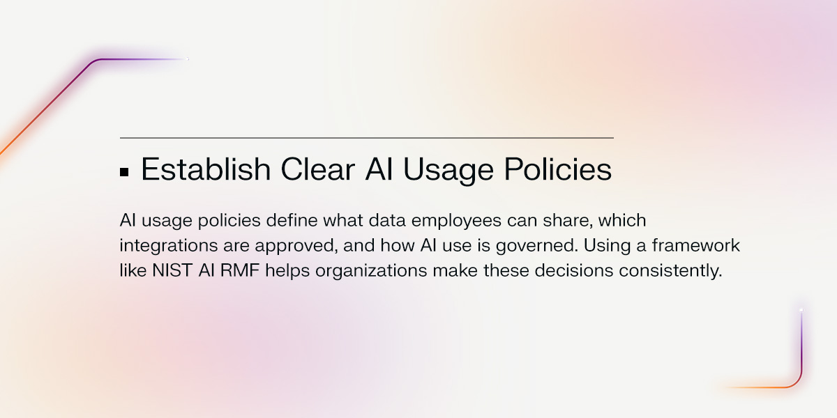 Darktrace infographic highlighting clear AI usage policies for data sharing, approved integrations, and AI governance using the NIST AI Risk Management Framework.