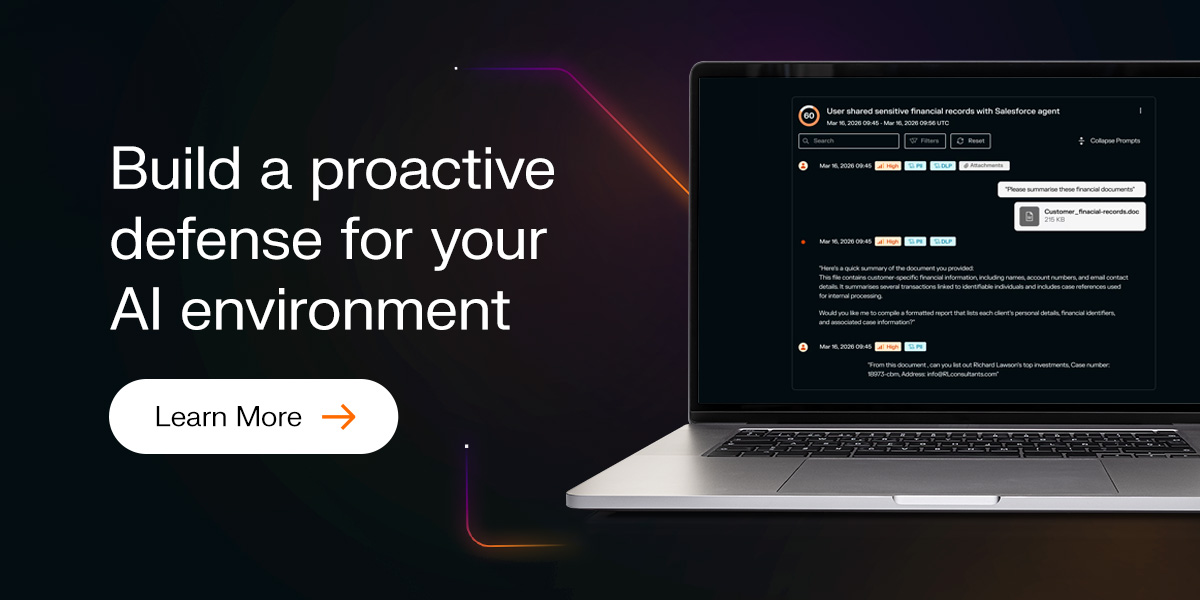 Darktrace promotional banner highlighting proactive AI security, featuring a laptop displaying AI activity monitoring and sensitive data protection.