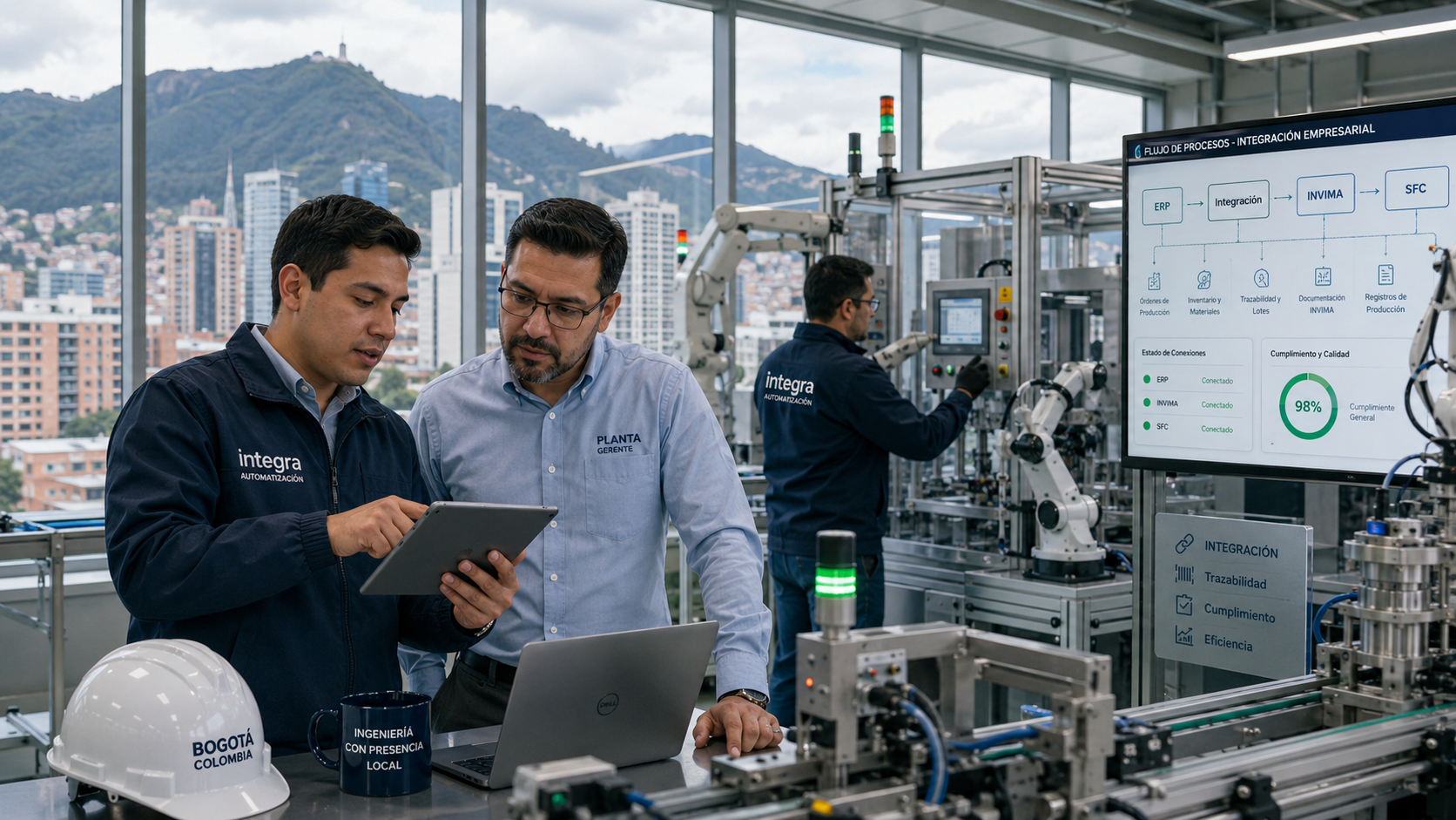 Ingenieros de automatización en Bogotá revisan una integración ERP junto a maquinaria industrial y paneles de control en una planta moderna.
