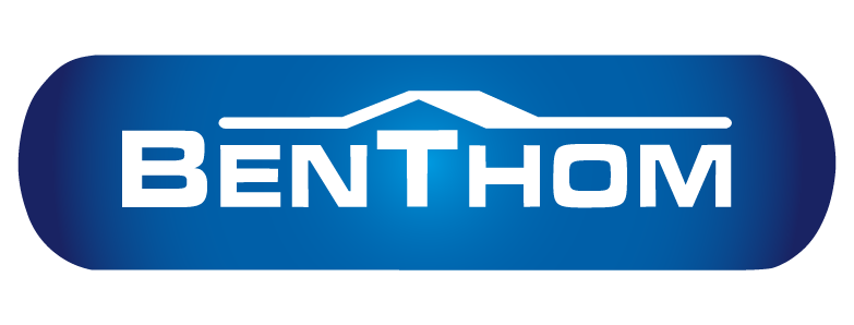 Benthom logo with stylized roofline above the text on a blue rounded rectangle background.