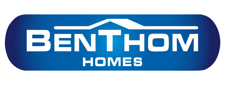 Blue rounded rectangle logo with white text 'BENTHOM HOMES' and a roof-shaped line above the text.