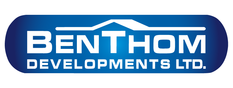 Logo of Benthom Developments Ltd. with white text and roofline graphic on blue rounded rectangle background.