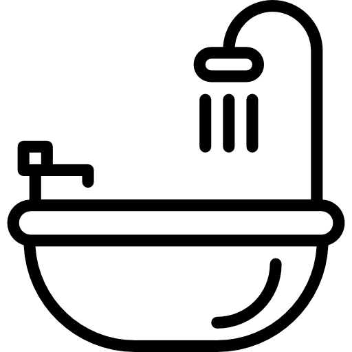 Outline icon of a bathtub with a showerhead above it and water droplets falling.