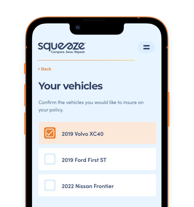 Smartphone screen displaying vehicle insurance selection on Squeeze app with 2019 Volvo XC40 checked, options also listed for 2019 Ford First ST and 2022 Nissan Frontier.