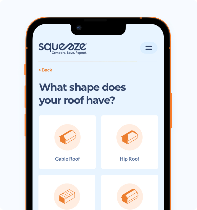 Smartphone screen displaying a webpage from Squeeze with the question 'What shape does your roof have?' showing selectable options for different roof shapes including Gable Roof and Hip Roof with corresponding simple roof icons.