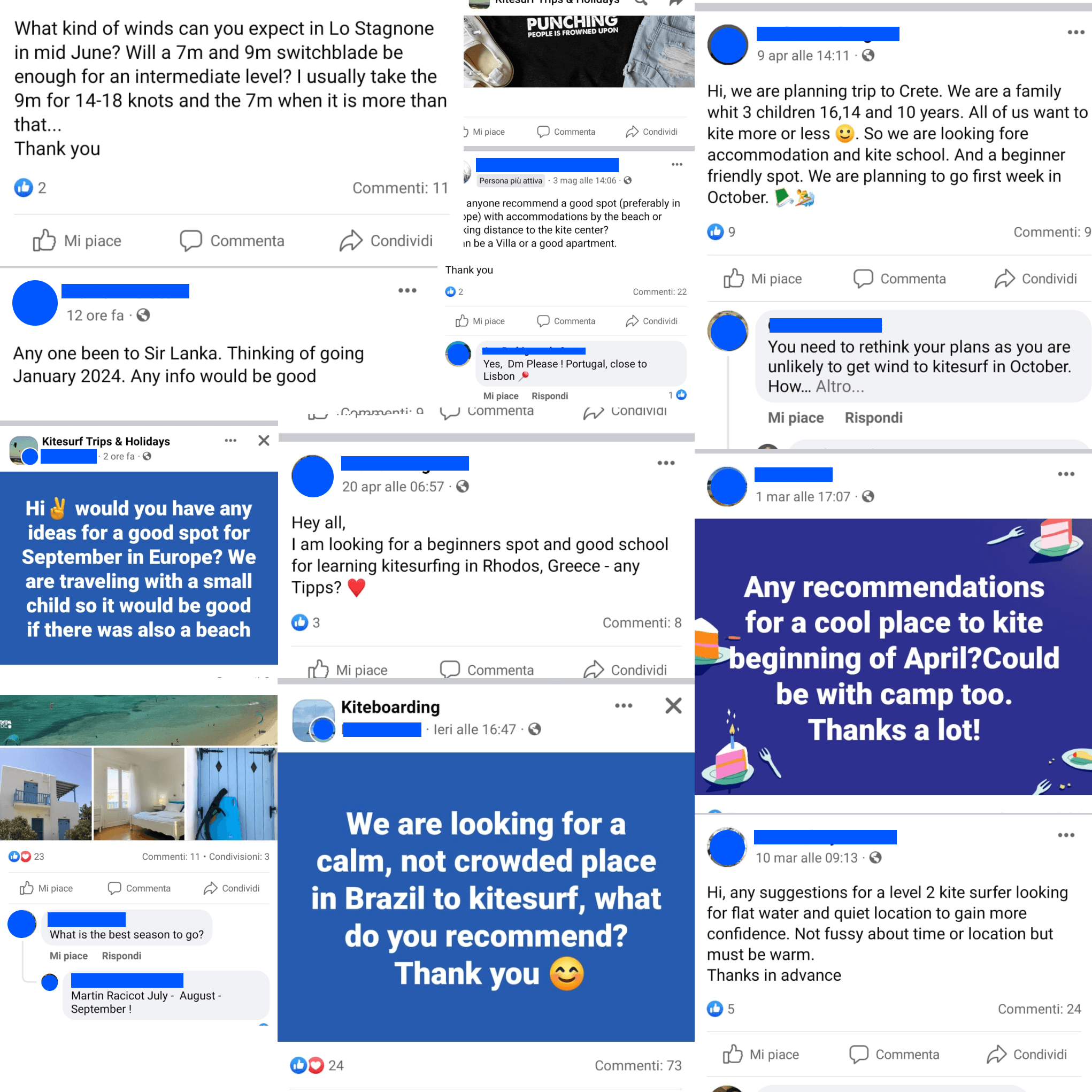 screenshots of a kitesurf Facebook group