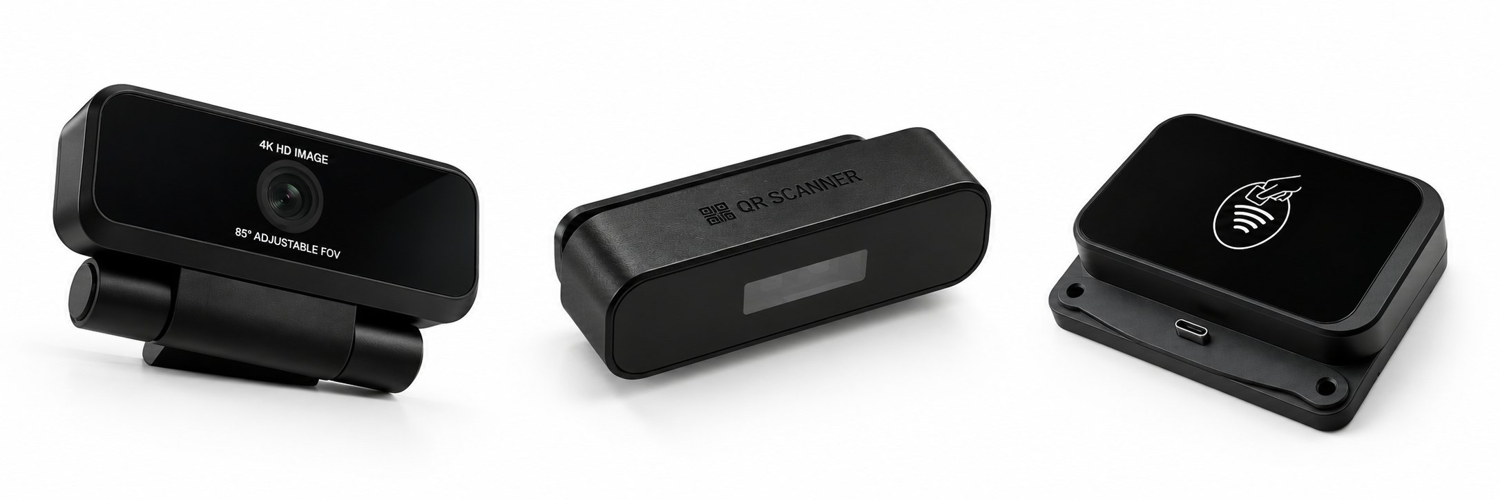 Visitor 22 optional accessories, left to right: camera module, QR and barcode scanner, NFC reader