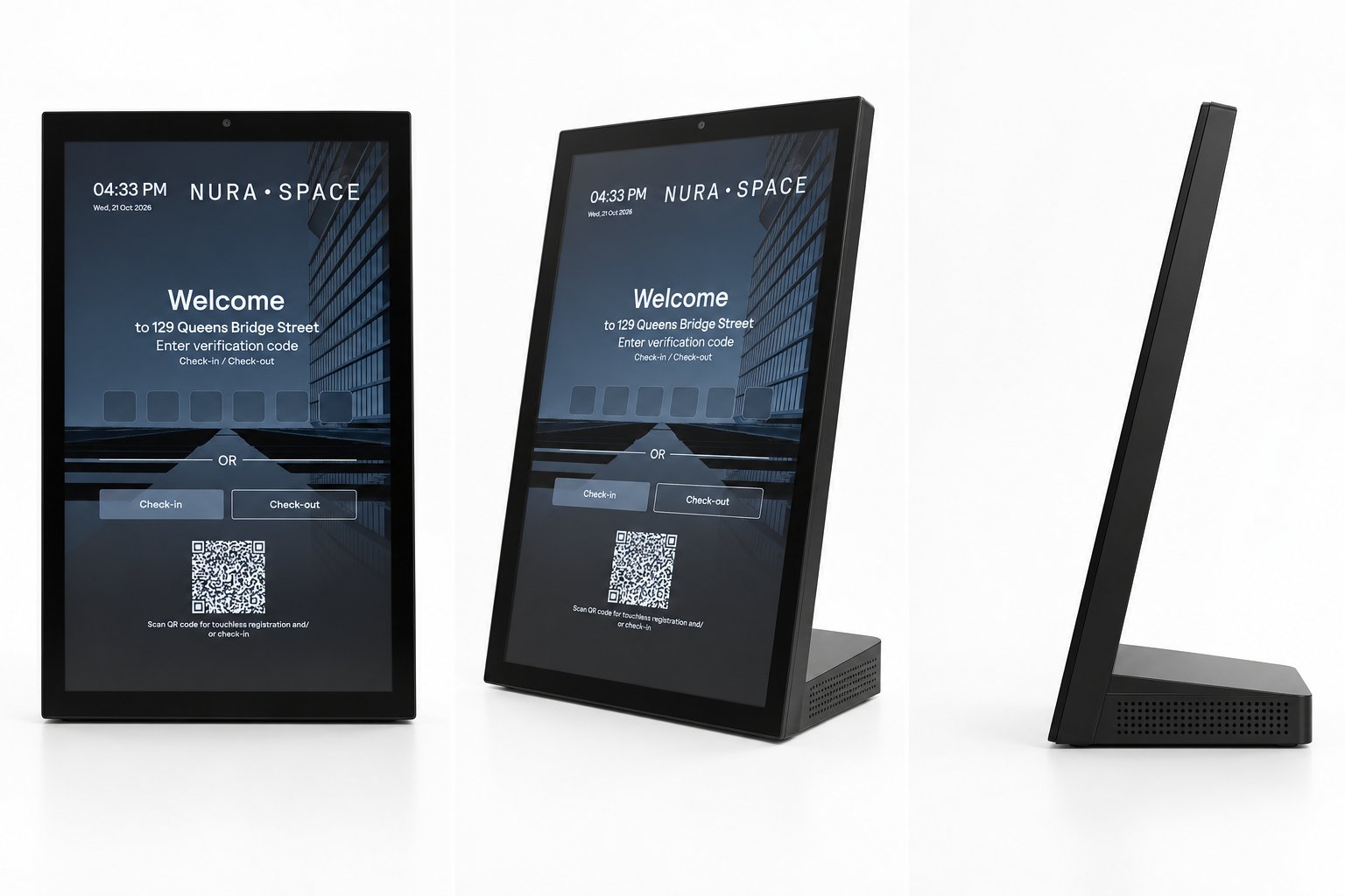 Nura Space Visitor L-15 countertop visitor management touchscreen, front, angled and side views