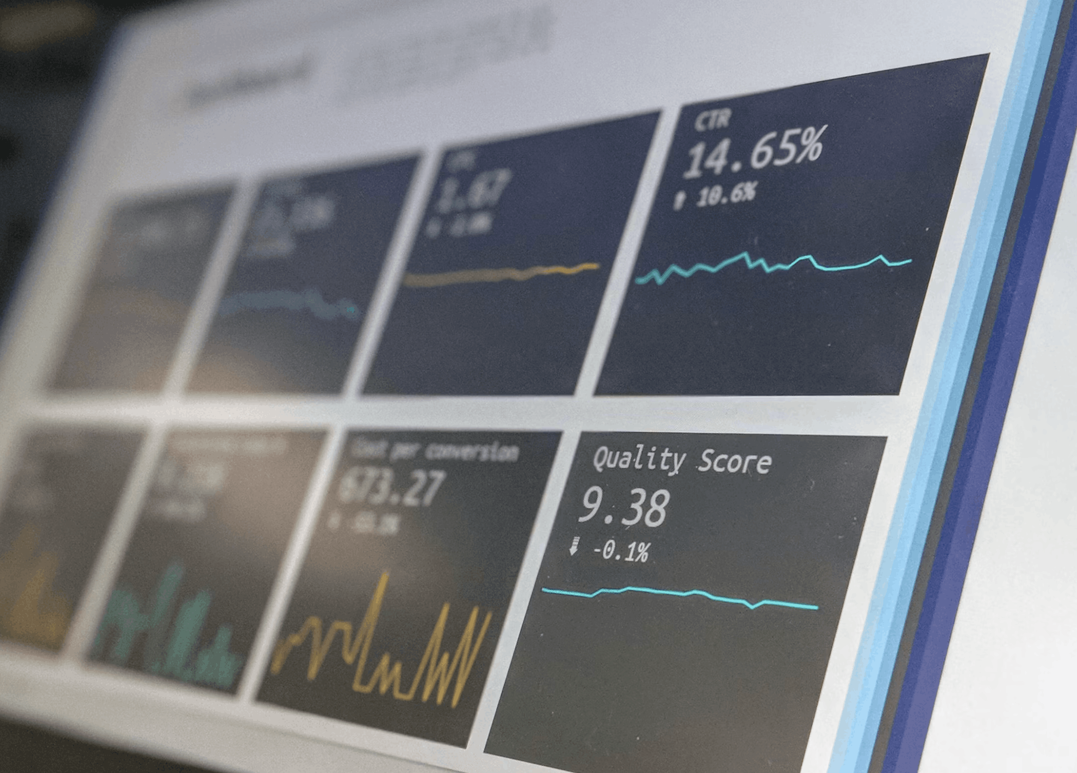 Analytics dashboard with SaaS metrics, showing net revenue retention, CAC payback period and gross margin as glowing KPI tiles above a recurring revenue trend line.