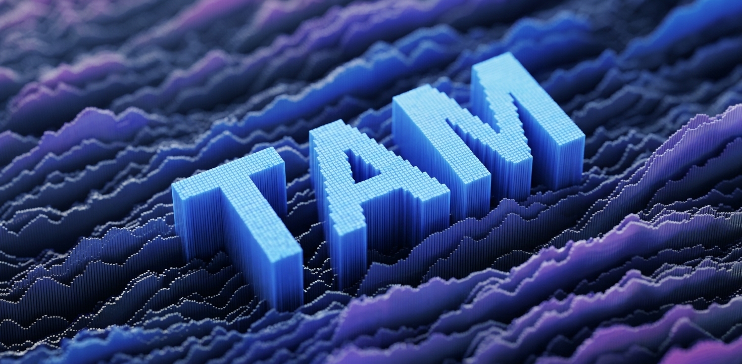 Dark purple and blue data-terrain illustration for a guide on how to calculate total addressable market, with the letters TAM standing in the terrain as glowing extruded blue letterforms.