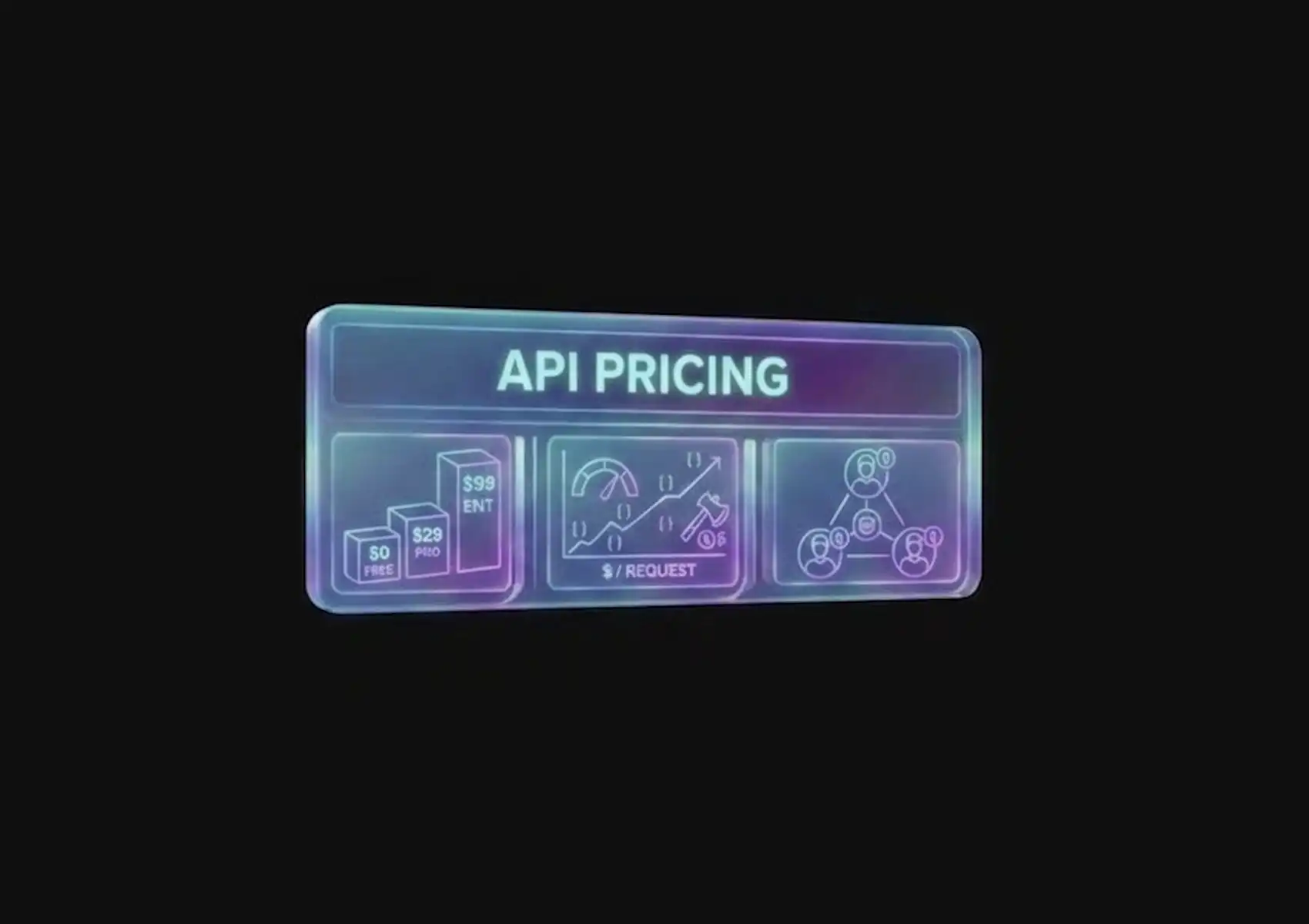 A 3D translucent glassmorphic icon depicting various API pricing models, featuring tiered subscriptions ($0 Free, $29 Pro, $99 ENT), usage-based requests, and team seat allocations.