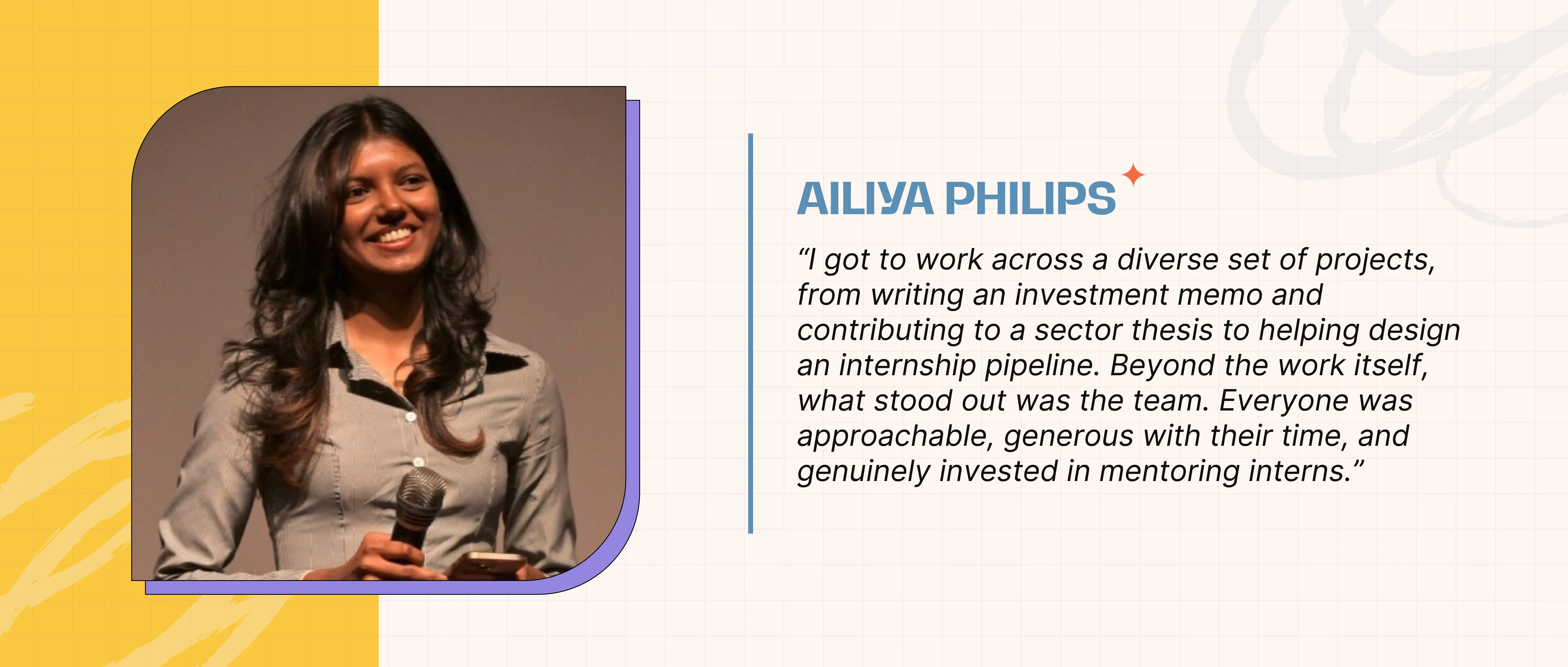 Ailiya Philips sharing her internship experience at 3one4 Capital