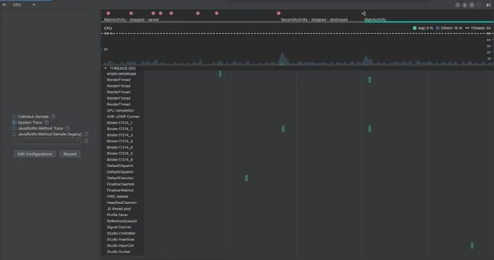 Screenshot of Android Studio profiler's CPU profile tab