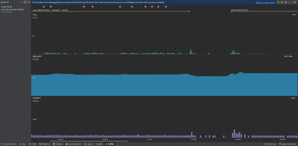 Screenshot of Android Studio's profiler tab