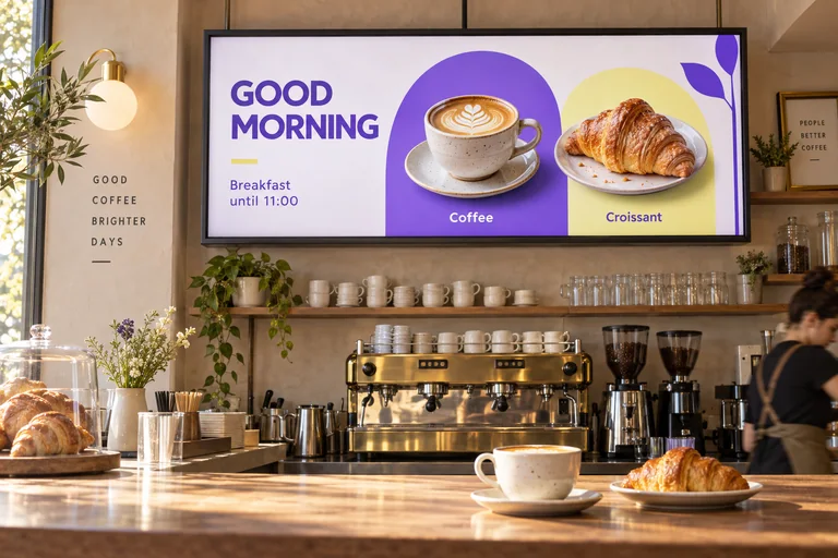 A digital breakfast menu above a warmly lit café counter with coffee and croissant imagery.