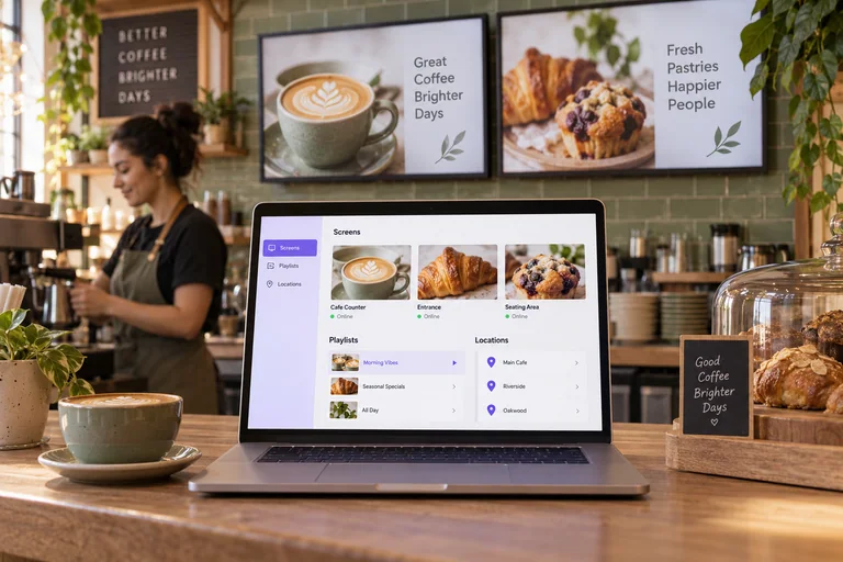 A laptop showing a screen playlist sits on a cafe counter beside matching digital menu displays.