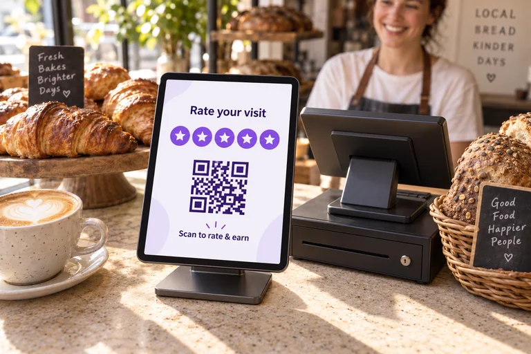 A tablet on a countertop stand shows five service rating stars and a QR code beside a cash register in a warm bakery.
