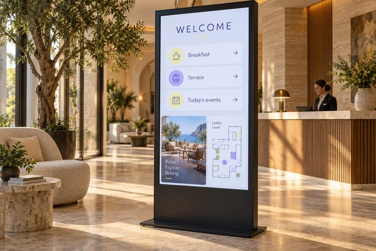 A freestanding concierge display in a calm hotel lobby showing welcome information and directions.