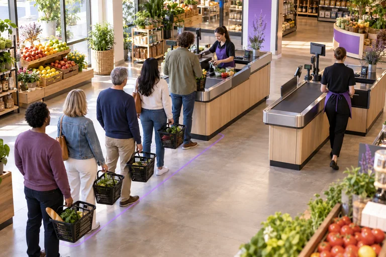 Customers wait in a checkout queue at a bright grocery store beside an open neighboring lane.