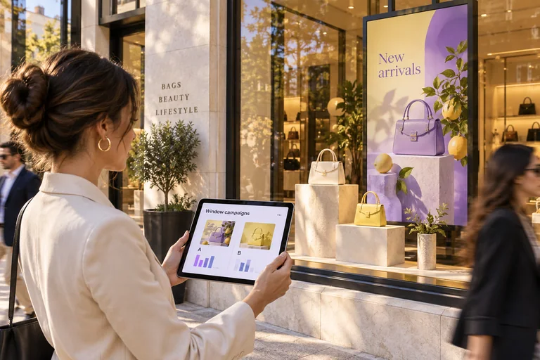 Retail window campaign display with a tablet comparing two approved creative variants.