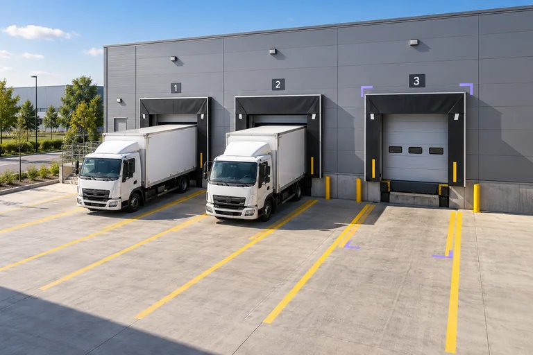 Trucks occupy two warehouse loading bays while a neighboring marked bay remains empty.