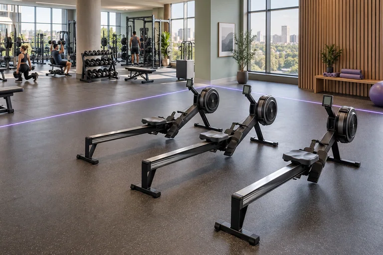 A quiet rowing zone beside a busier workout area in a bright modern gym.