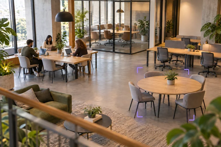 Shared office desks and meeting areas show both occupied and available workspaces.