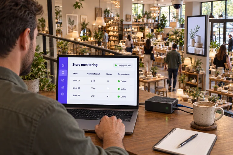 Store operator reviewing camera footfall, queue counts, and screen status across locations on a laptop beside an edge box, with a store camera and digital display visible.