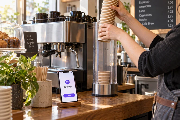 Cafe staff refilling a low paper cup stack beside a phone showing a refill task.