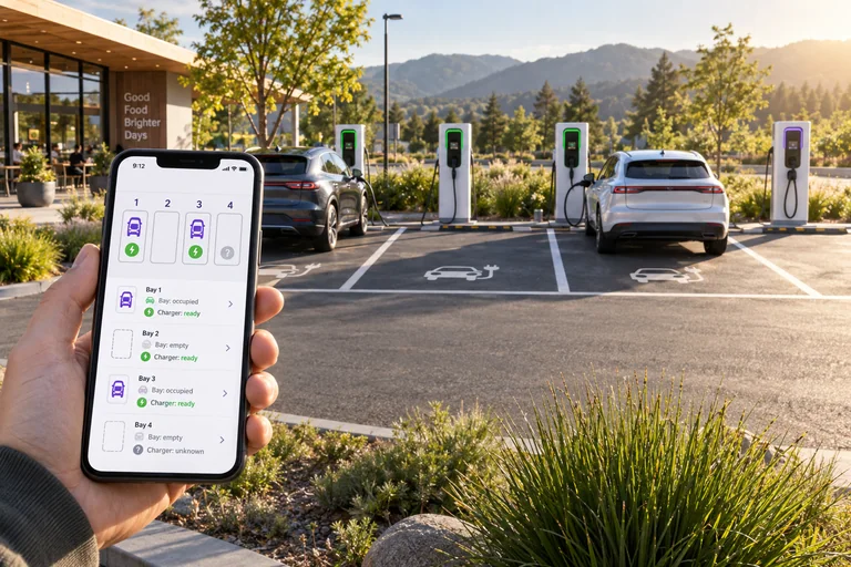 Phone showing separate bay occupancy and charger status beside electric vehicle charging spaces.