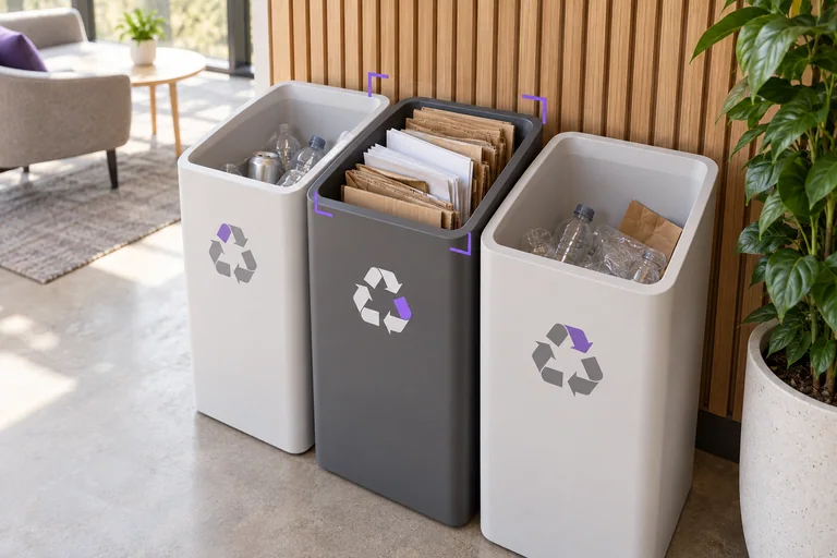 Paper recycling nearly fills one bin at a clean indoor recycling station.