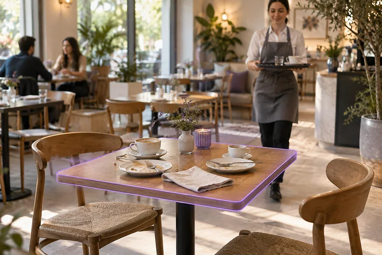 An unoccupied cafe table holds used cups and plates awaiting a staff reset.