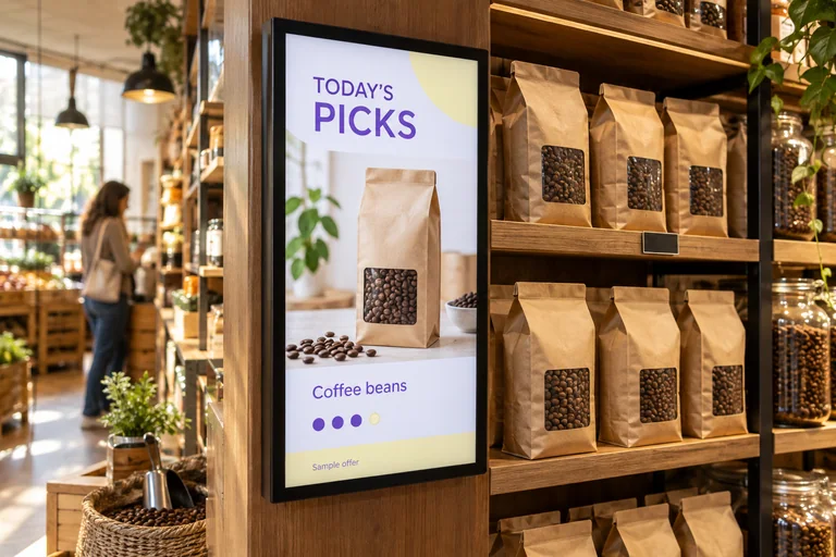 An in-store offer screen featuring coffee beans that are physically stocked on the adjacent shelf.