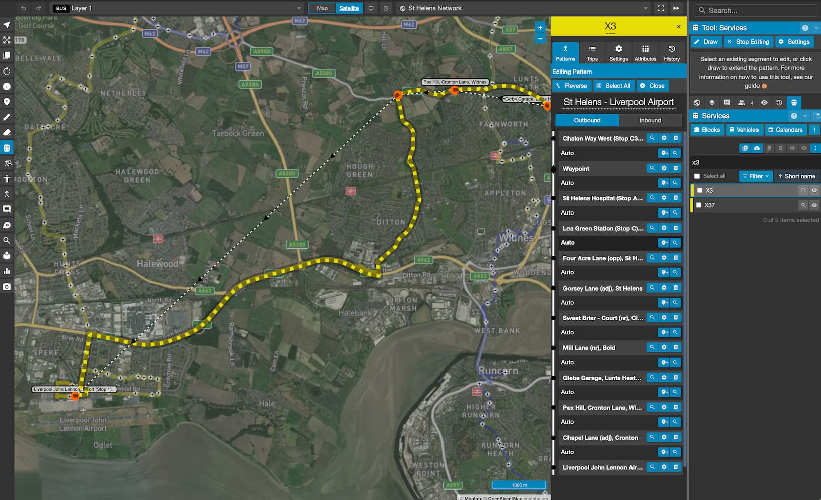 Satellite map showing a bus route from St Helens to Liverpool John Lennon Airport with stops labeled, displayed with a yellow dashed line and several stops highlighted along the route; the map interface includes editing tools and service options for managing the route pattern and stops.