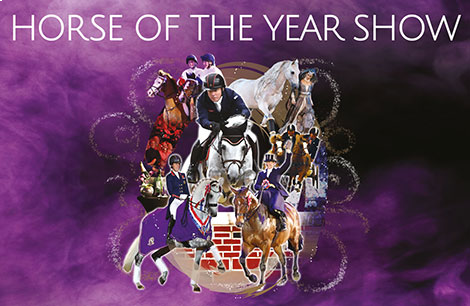 Collage aus Reit- und Showmomenten der Horse of the Year Show vor violettem Hintergrund: Springreiterin mit weißem Pferd, Showpony, Miniaturpferde, Musikshow und Trophäen. Oben steht in Großbuchstaben ;HORSE OF THE YEAR SHOW