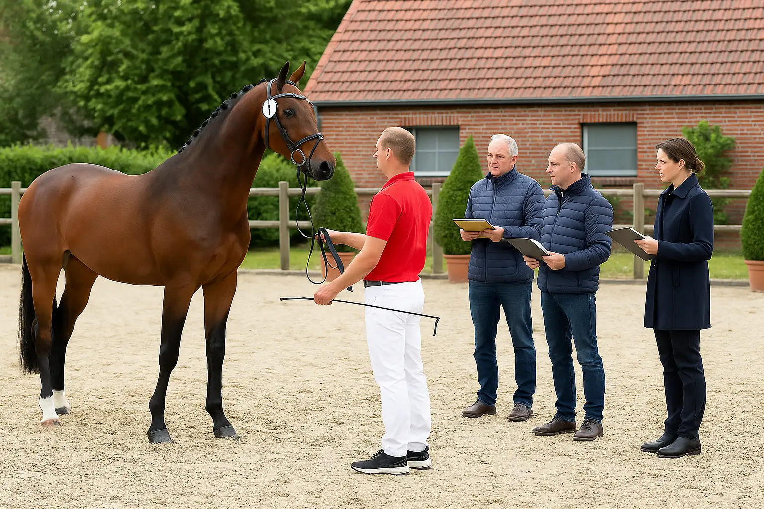 Pferd wird im Stand von mehreren Fachleuten hinsichtlich Exterieur und Interieur beurteilt – Beurteilungssituation mit Trense und Richter:innen auf einem Reitplatz