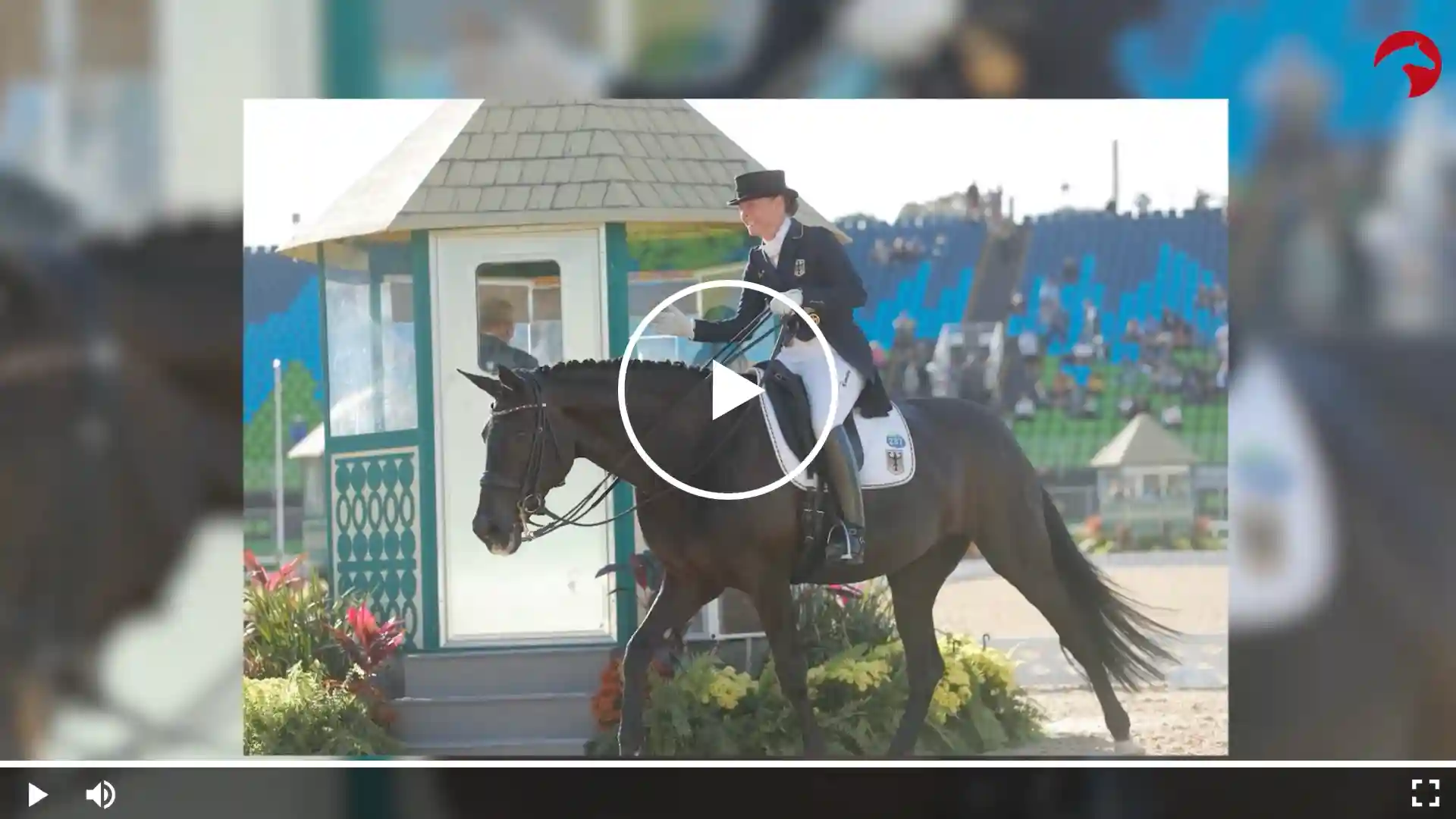 Video-Vorschaubild: Dressurreiterin auf dunkelbraunem Pferd vor einer Richterkabine im Stadion; Play-Symbol in der Bildmitte, Tribüne im Hintergrund.