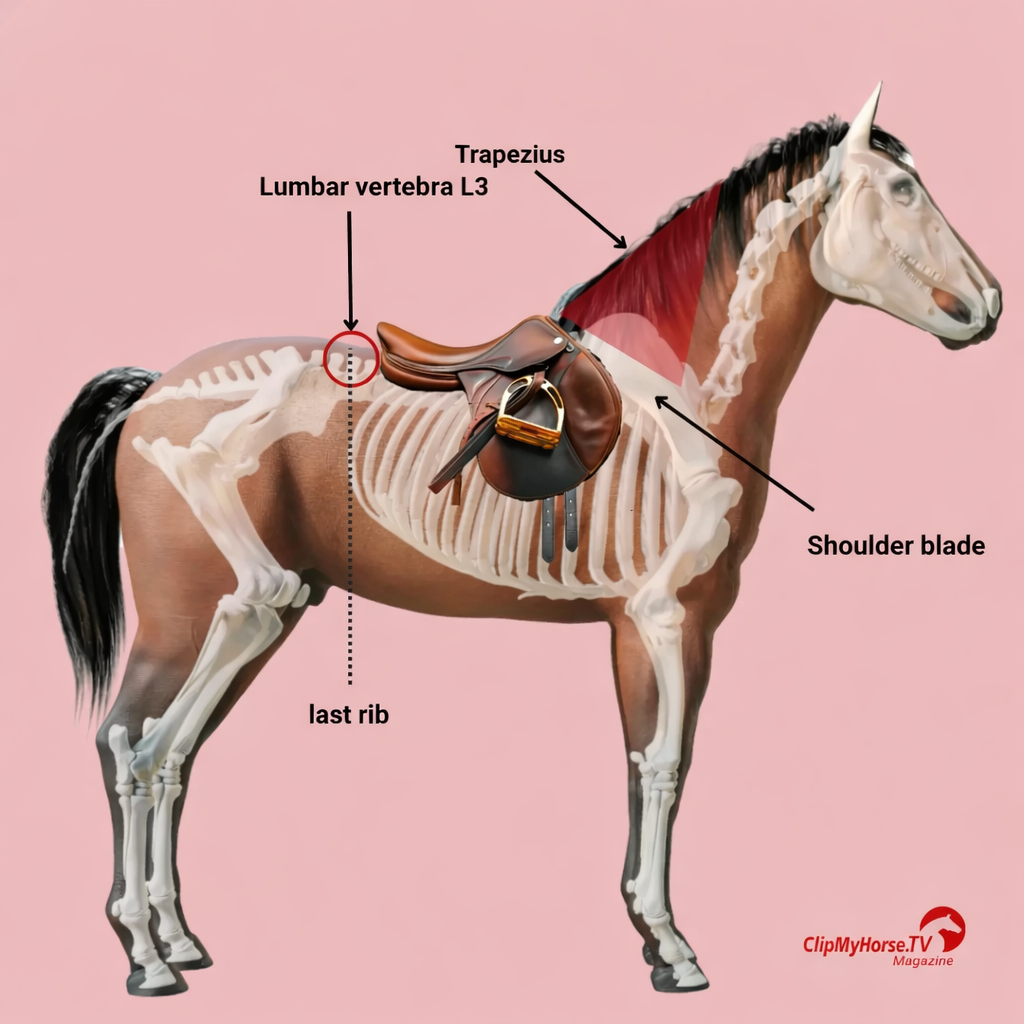 Anatomical illustration of a horse with skeleton overlay and saddle position, labeled with shoulder blade, trapezius, lumbar vertebra L3, and last rib to explain correct saddle placement.