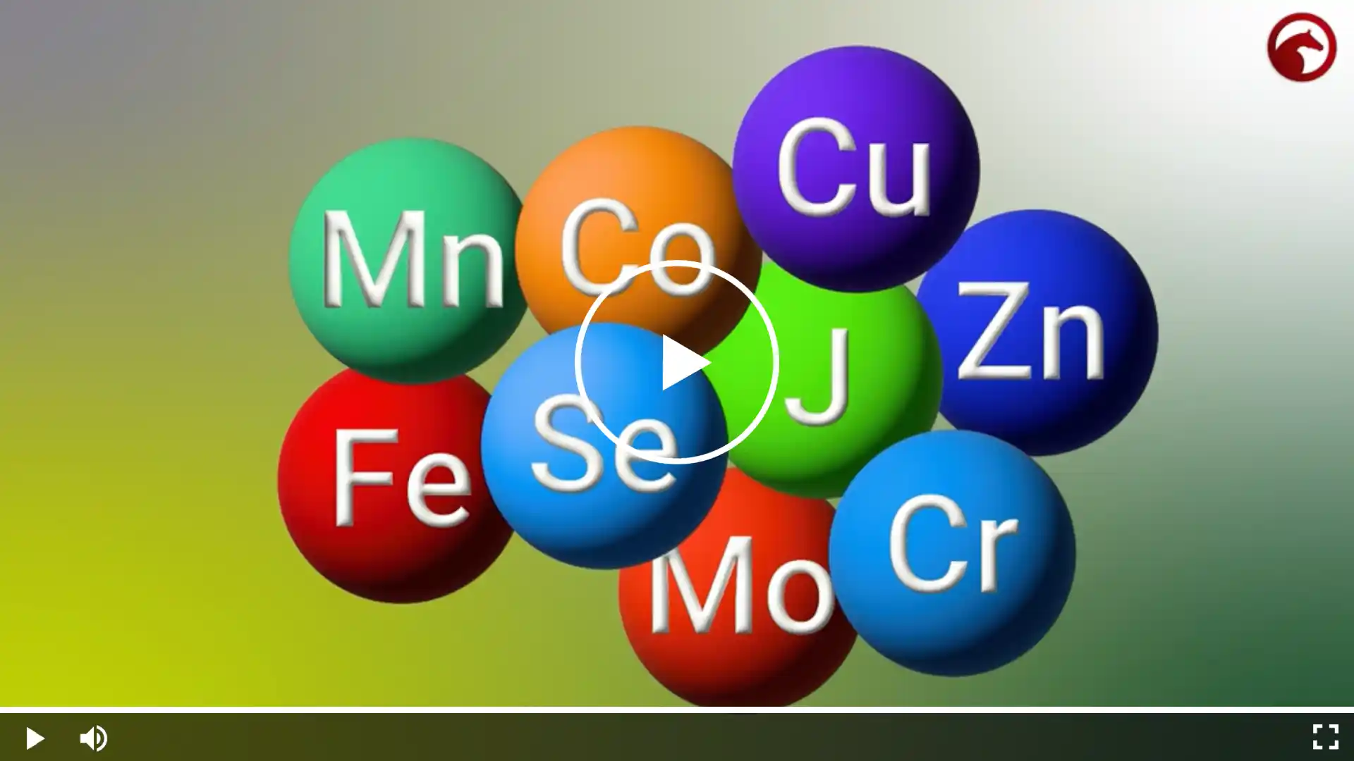 Video illustration with colored spheres labeled with trace elements such as Mn, Co, Cu, Zn, Fe, Se, Mo, and Cr, representing essential micronutrients.