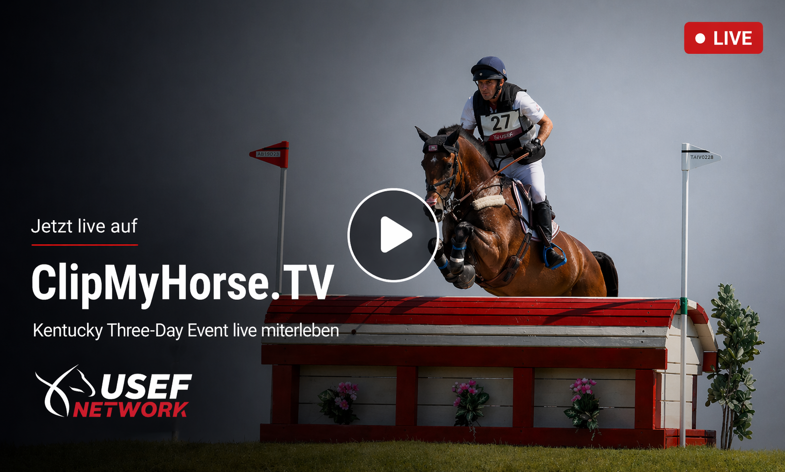 Ein Reiter auf einem braunen Pferd springt über ein rot-weißes Hindernis auf einem Vielseitigkeitskurs. Über dem Bild liegt mittig ein großer Play-Button, oben rechts ist ein rotes Live-Symbol eingeblendet.