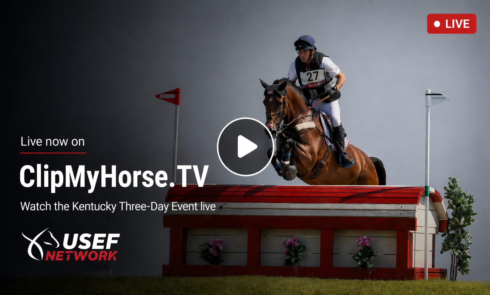 A rider on a brown horse jumps over a red-and-white obstacle on an eventing course. A large play button is centered over the image, and a red live icon appears in the top right corner.