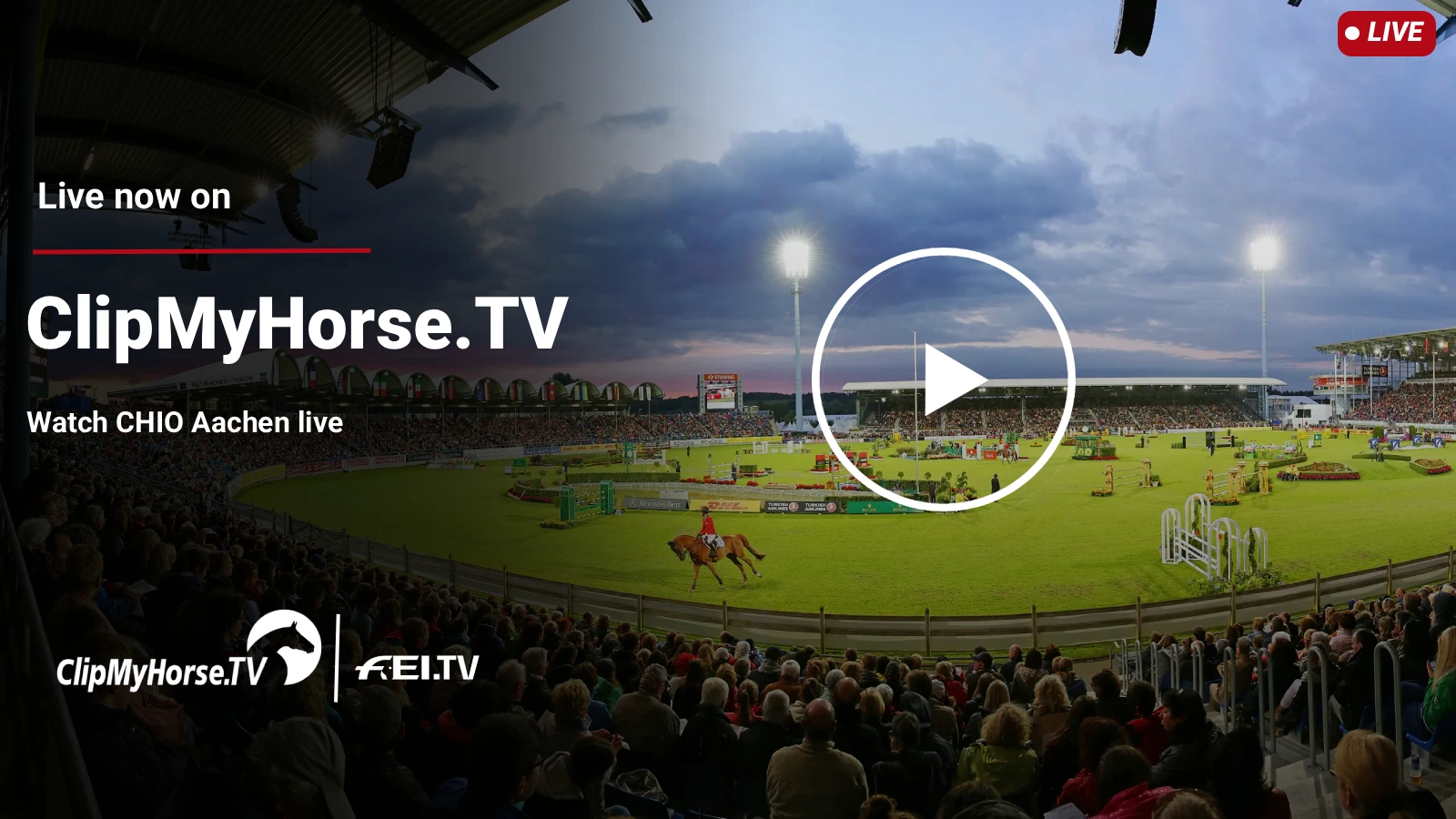Promotional image for a horse sport livestream (ClipMyHorse.TV) showing a stadium, jumping course, and audience.
