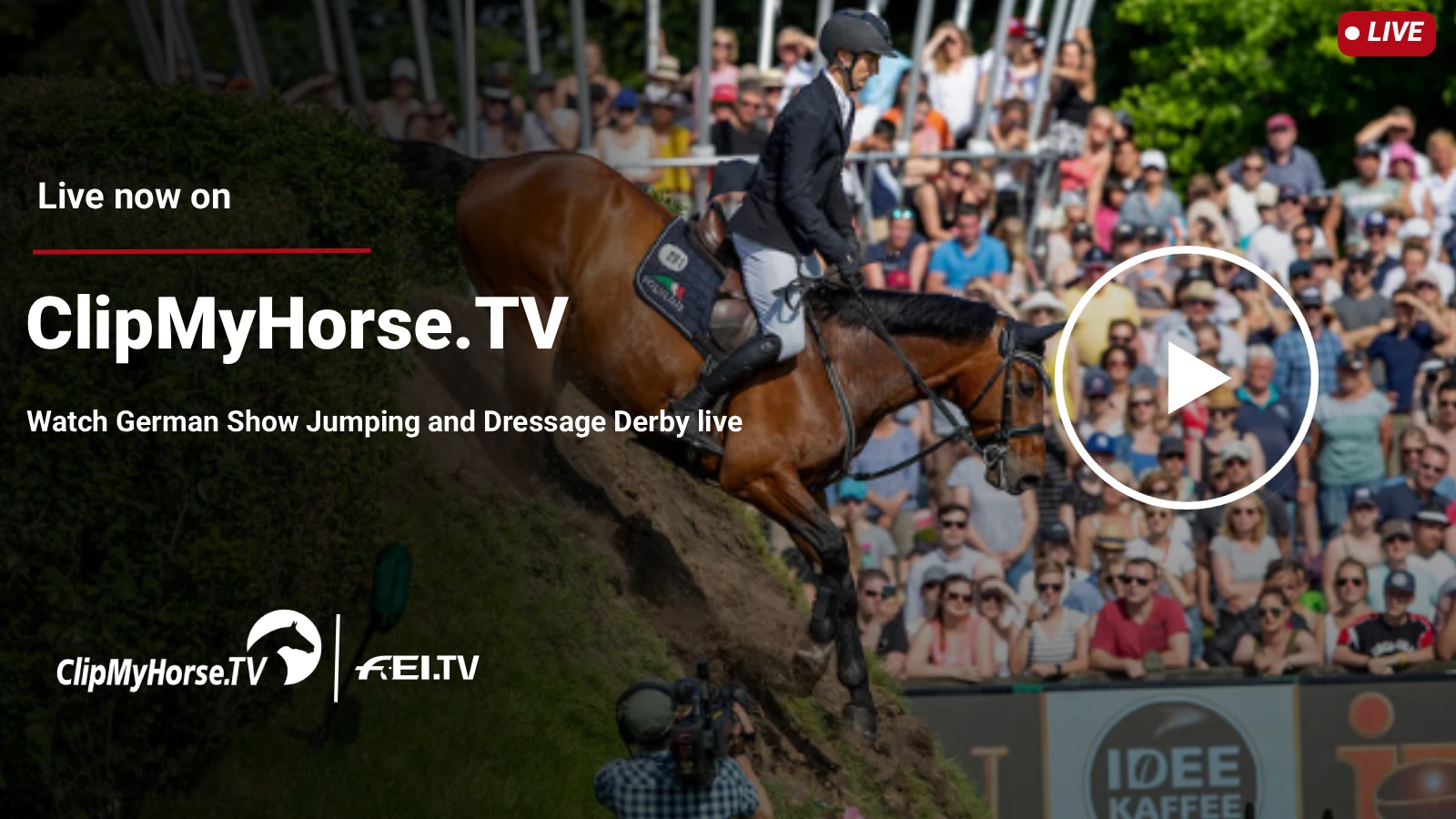 Promotional image for a horse sport livestream (ClipMyHorse.TV) showing a rider on a horse jumping down a slope with a crowd watching.