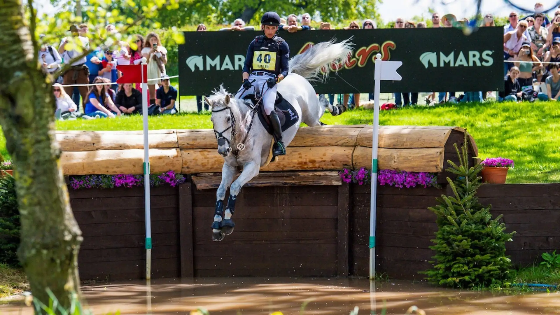 Rider on a grey horse jumps over a water obstacle at the MARS Badminton Horse Trials in front of spectators on the cross-country course.
