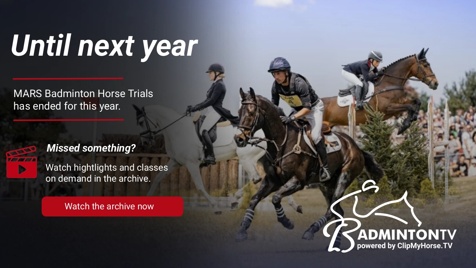 The image  for the MARS Badminton Horse Trials on BadmintonTV powered by ClipMyHorse.TV, featuring horse-and-rider combinations in dressage, cross-country and show jumping.
