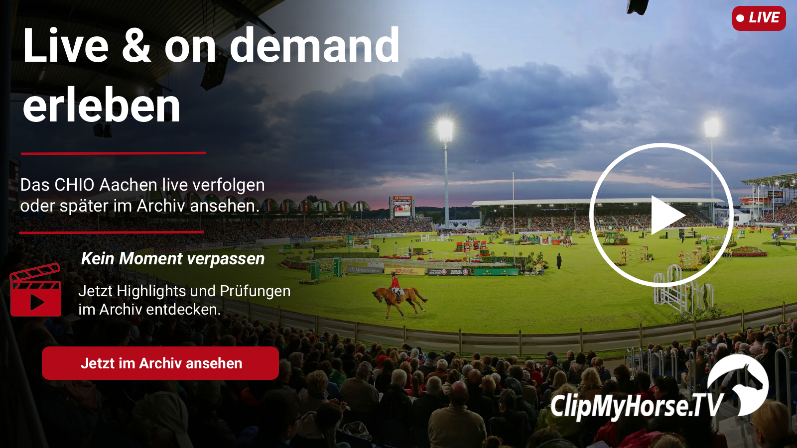 Werbebild für einen Pferdesport-Livestream (ClipMyHorse.TV) mit Stadion, Reitparcours und Publikum.