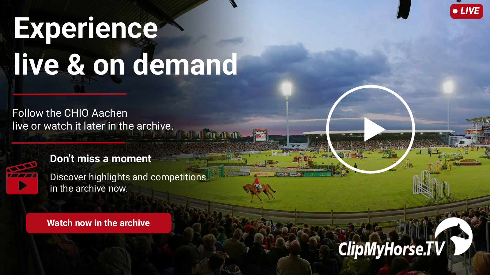 Promotional image for a horse sport livestream (ClipMyHorse.TV) showing a stadium, jumping course, and audience.
